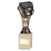 PEWTER/GOLD PLASTIC 'WEMBLEY' FIGURE ON CREAM MARBLE TROPHY - (1in CEN) - 9in